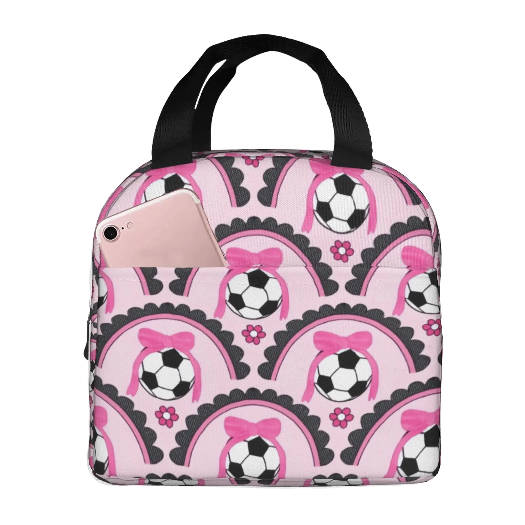 Soccer Bows With Flower Footbally  Insulated Lunch Bag for School Office  Waterproof Thermal Cooler Lunch Box Women Men