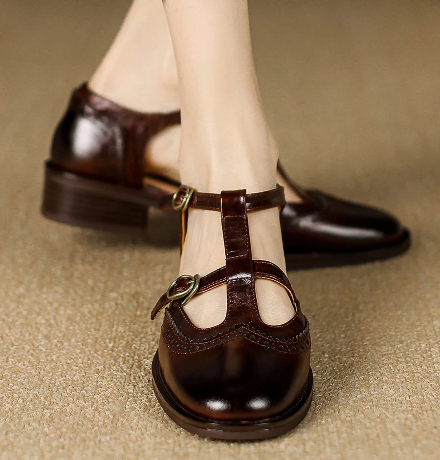 EAGSITY Cow Leather retro mary jane shoes women's chunky heel round toe ankle strap footwear casual shoes
