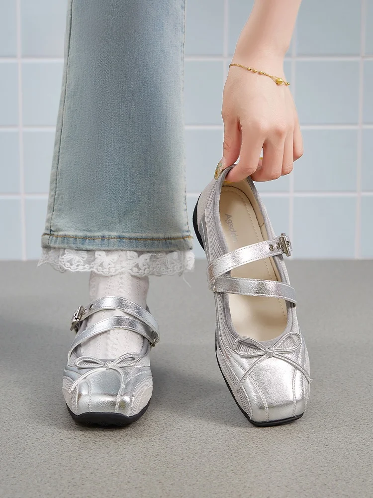 

Agsdon Silver Mary Jane Women's Shoes Ballet Flat Sports Sandals Versatile Dequn Shoes Casual Style Artificial Leather Inner