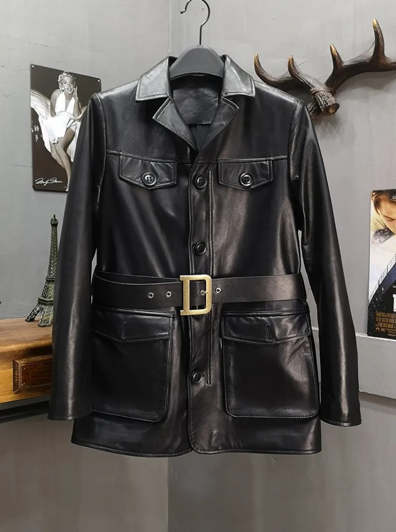 

2023Autumn Winter Womens Sheepskin Genuine Leather Jackets Long Sleeve Single Breasted Lapel Pockets Sashes Medium Length Coats