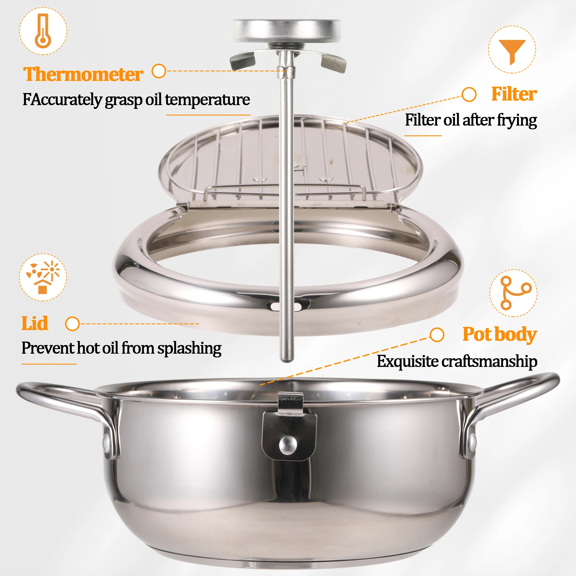 Stainless Steel Deep Frying Pot Japanese Tempura Fryer with Thermometer Control Non-Stick Frying Pan for Kitchen