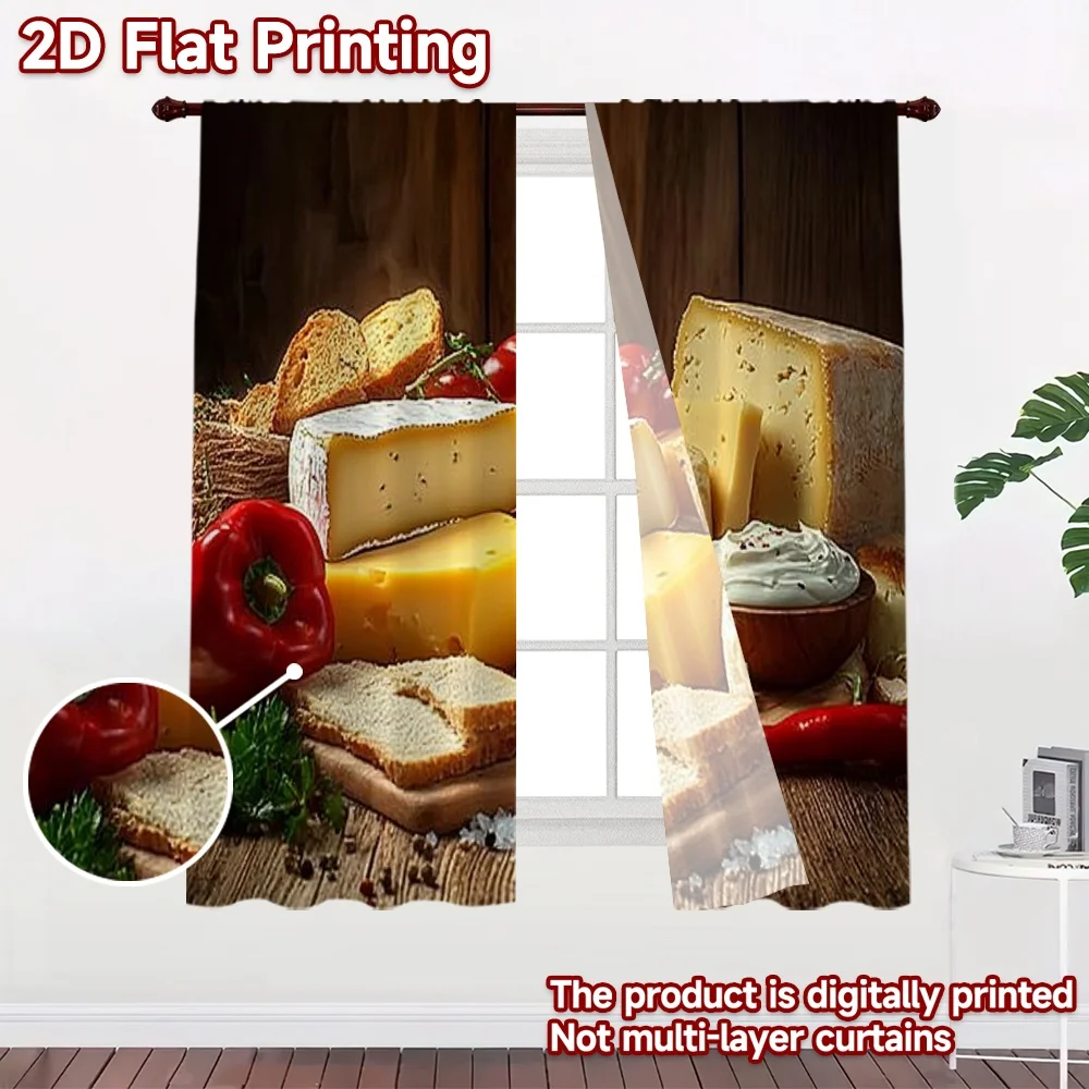 2D flat 2pcs Curtain French Romantic Style Cheese Bread and Peppers Durable polyester fiber Birthday Party Use for Home Decor