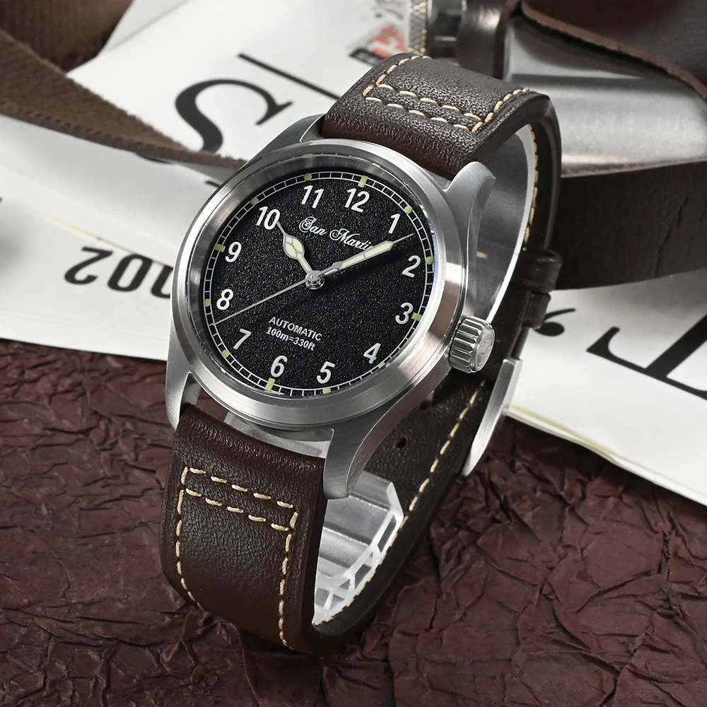 San Martin Pilot Watch 37mm Simple Military Style 8215 Automatic Mechanical Wristwatch Mens Watches 10 Bar Sapphire Luminous