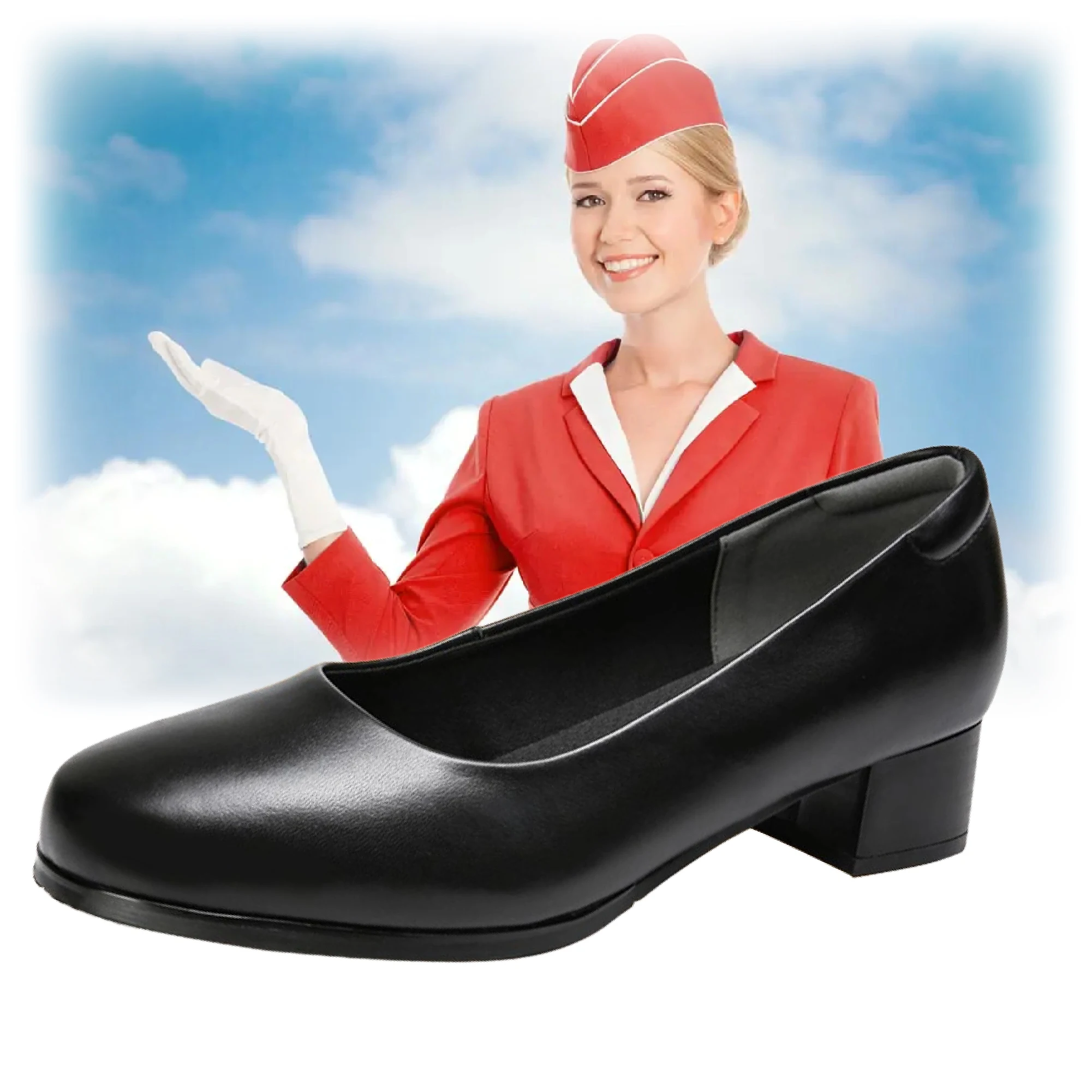 Comfort Middle Heel Genuine Cowhide Shoes For Waiter Airline Stewardess Crew Shopping Trainman Attendant Office Worker