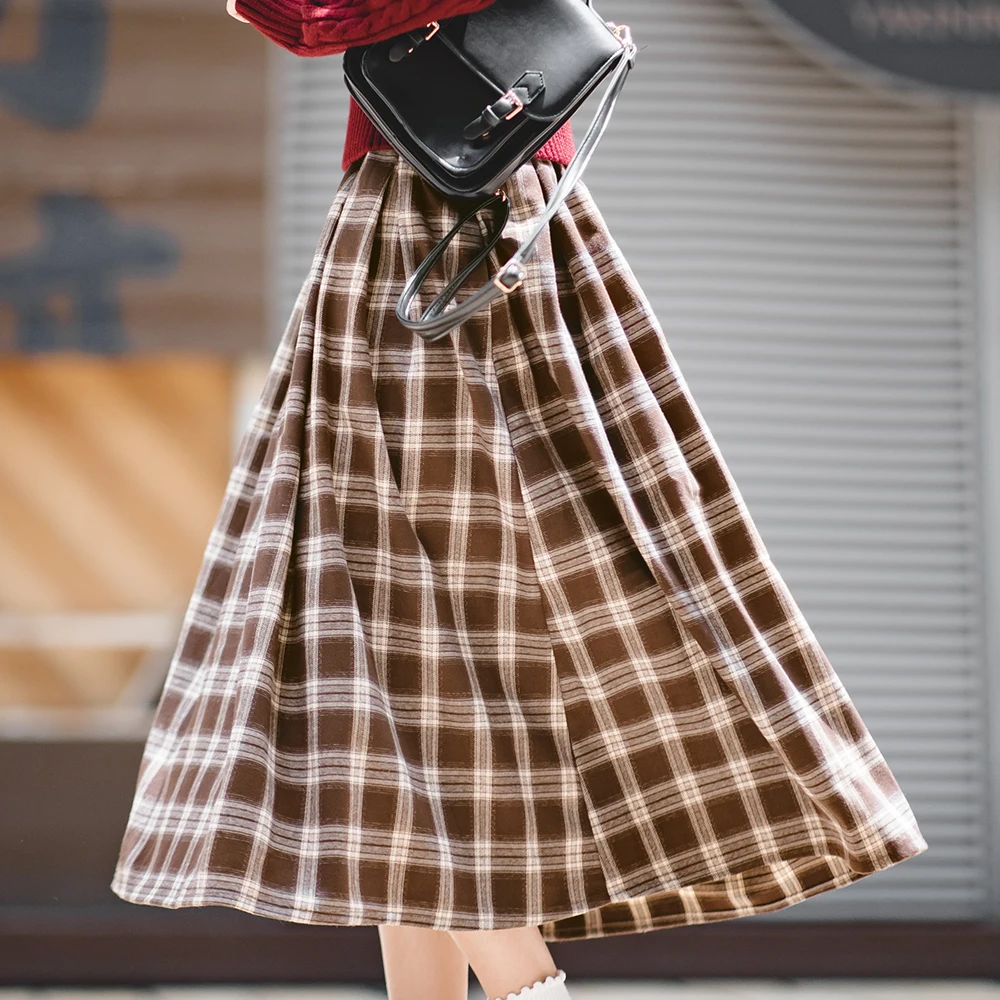 Maden Women Plaid Midi Skirt Loose Casual Vintage Plaid Mid-length Dress A-Line Spring and Autumn Womens Skirt S M L Coffee