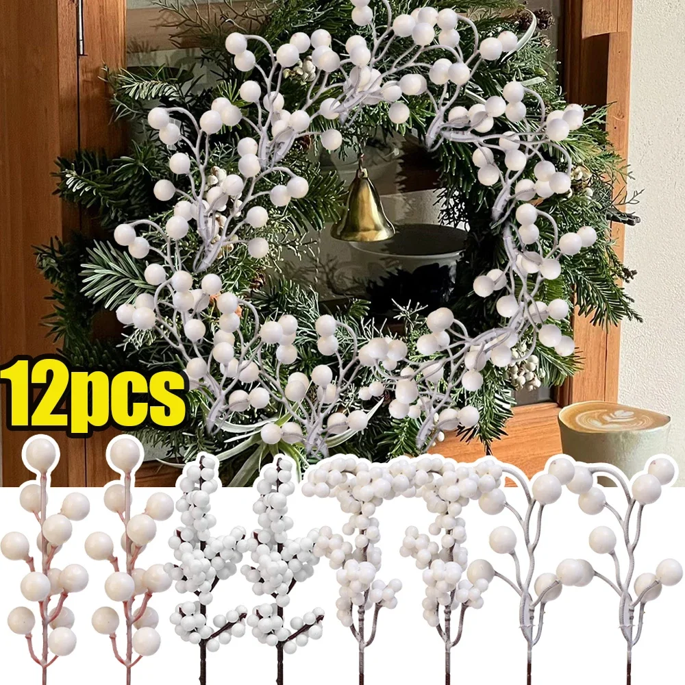 4/12PCS Christmas Simulated Berry Branches White Plastic Artificial Plant Flower Home Party Xmas Tree Wreath Decoration Supply