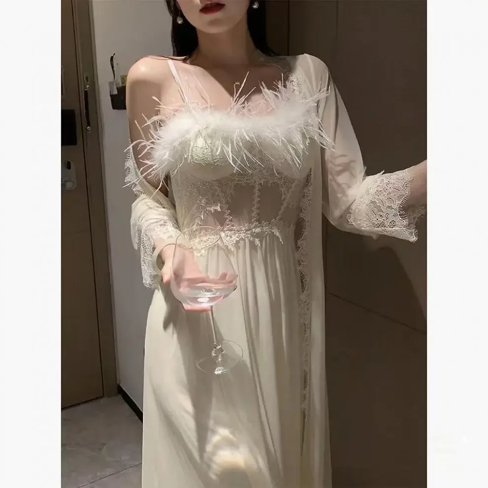 Summer Women's Loungewear 2-piece Set Solid Color Lace Feather Splicing Mesh Bathrobe Dress Set Sexy Thin Womens Pajamas
