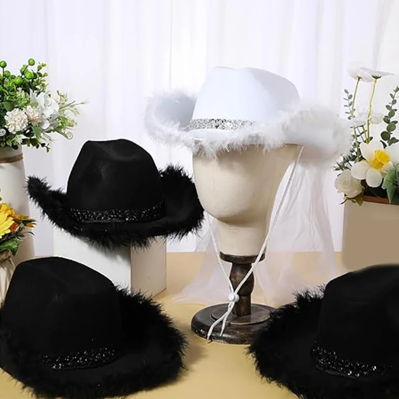 

Furry Trim Panama Hat for Bridesmaids Groomsmen Elegant Sequined Belt Cowgirl Hat Party Costume Halloween Headpiece 12pcs