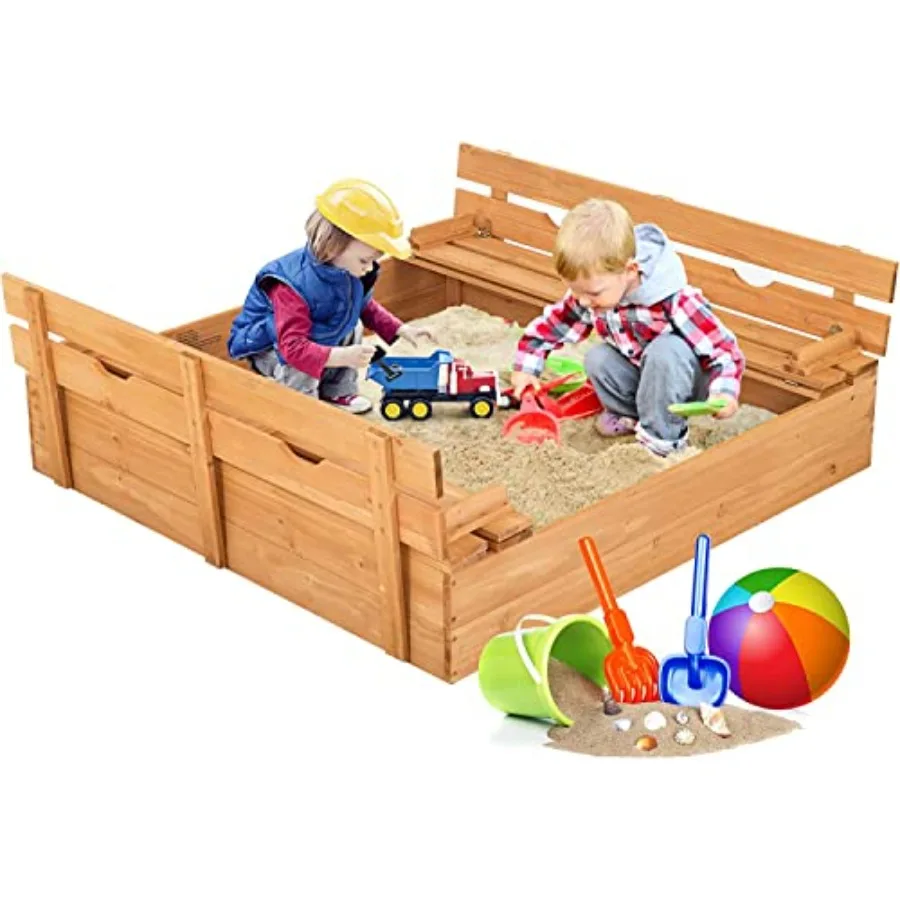 Backyard sand box for kids, cedar wood, natural color, with lid, convertible bench seats, protective bottom liner, 47 x 47 in