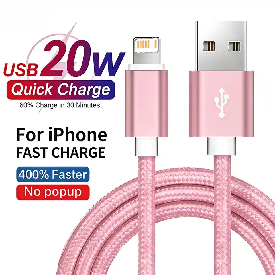 USB 20W Fast Charging Braided Cable For iPhone X XR XS Max 11 12 13 Mini 14 Pro Max 6 6S 7 8 Plus Quick Charging USB Data Cables