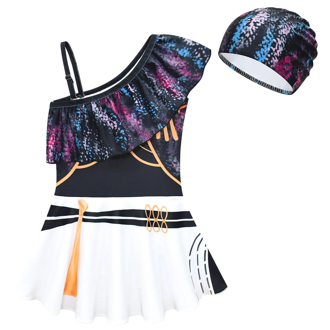 

Комплект из 2 предметов: новый детский купальник-юбка для девочек, цельный купальник на одно плечо, плавательная шапочка