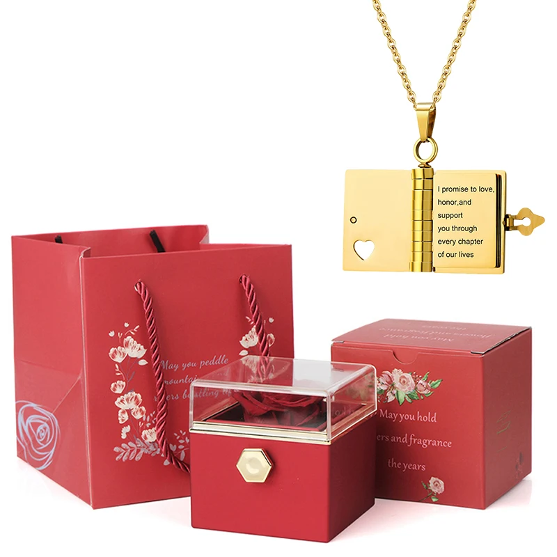 

Eternal Roses Box with Engrave Petite Book Necklace Personalized Message Stainless Steel Jewelry Pendant for Women Birthday Gift