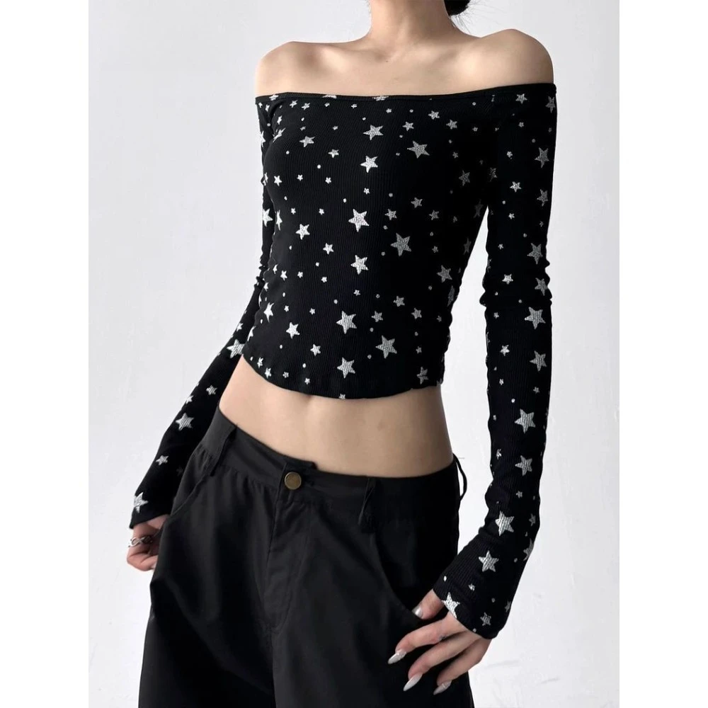 Streetwear Style Star Print Subculture Punk Top 2025 Autumn Women New Slim Tees Y2k High Street Chic Gothic Long Sleeve T-shirt