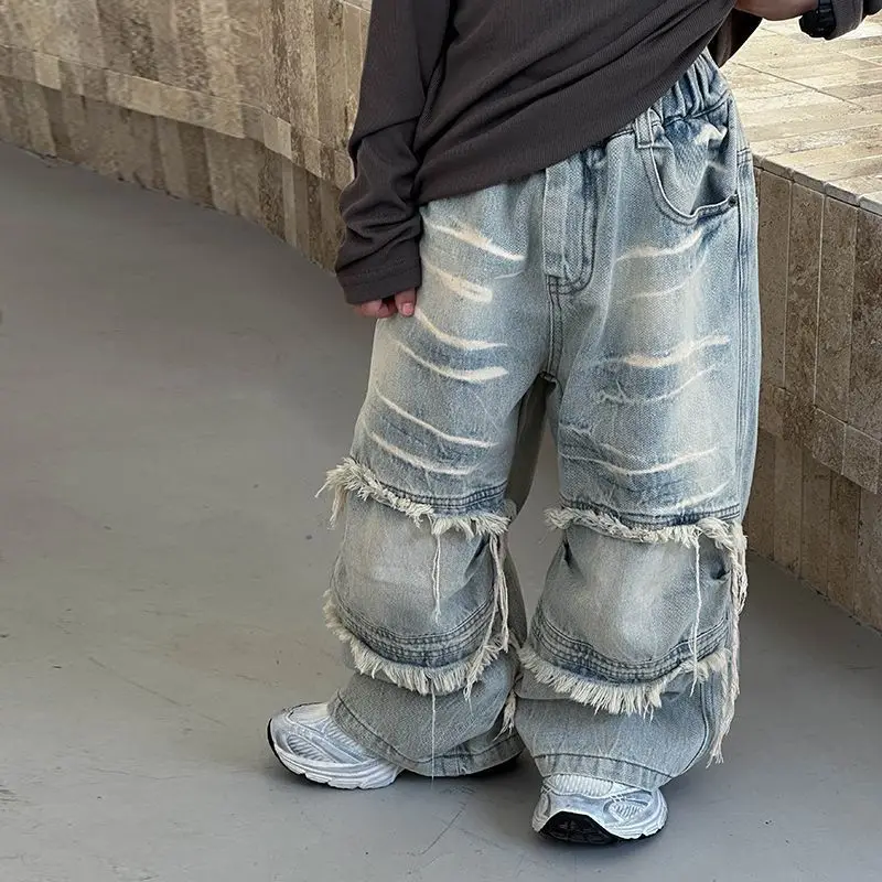 Children Jeans Spring Autumn 2026 New Boys Girls Ripped Straight Leg Denim Pants Casual Streetwear Kids Trousers