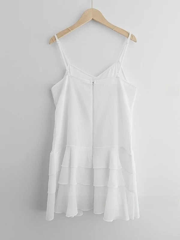 Vestido curto f sem alças com babados de camada dupla, decote em V, emaecedor, saia psada, moda verão, casual