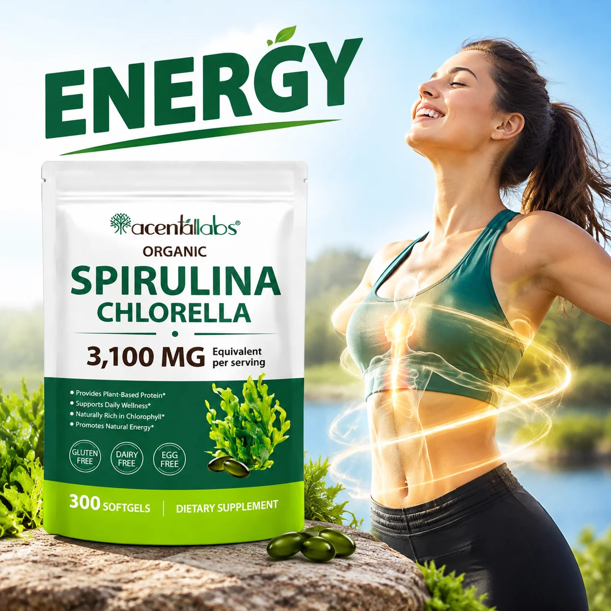 Chlorella Soft Capsules Provide Natural Energy Enhance Body Vitality and Strengthen Immunity Spirulina Algal Oil 60 for 30 Days