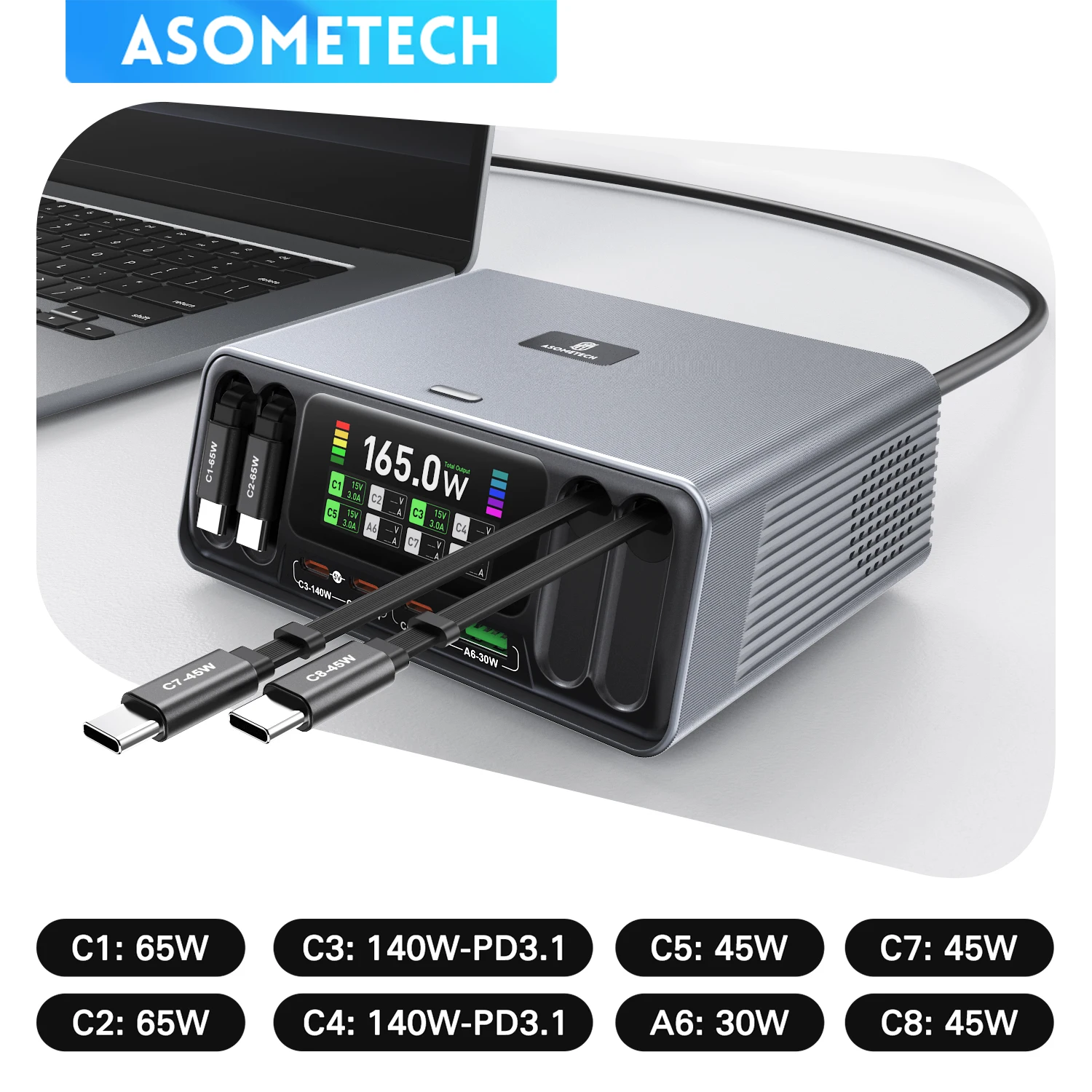 ASOMETECH Charging Station 4 X Retractable USB C Cable TFT Display 140W PD3.1 Fast Charger For Macbook Pro iPhone Duo Samsung