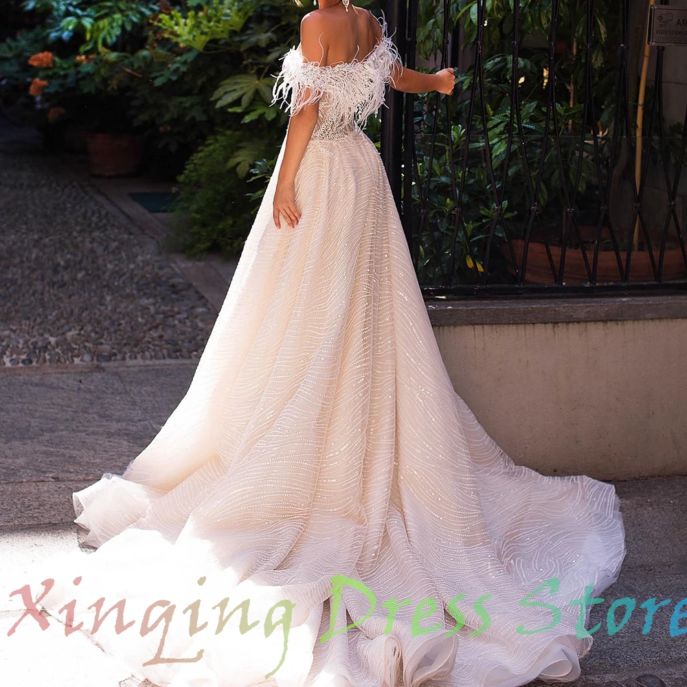 luxury Appliques Lace Feathers Organza Sequined Bridal Gowns Delicate Off the Shoulder Sweep Train Backless Wedding Dresses 2024