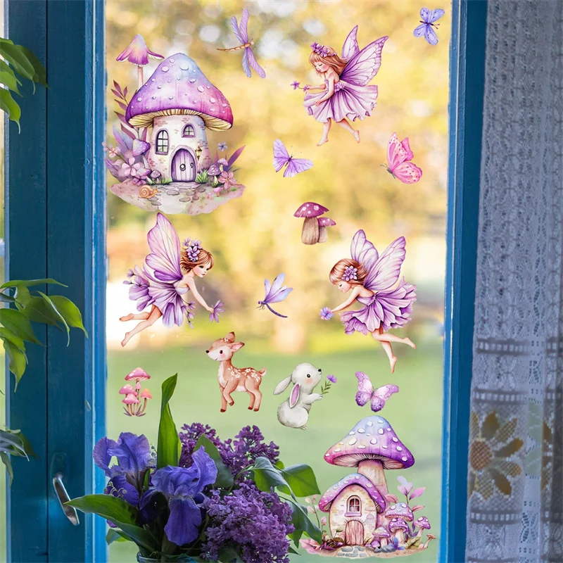 Mushroom Fairy Sun Catcher Window Stickers Butterfly Glass Electrostatic Prisms Sunlight Sticker Rainbow Suncatcher Wallpaper