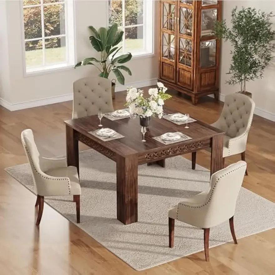 Dining Table for 4, 2-4 Person Farmhouse Wood Dining Room Table (Rustic Brown, Heavy Duty Legs)