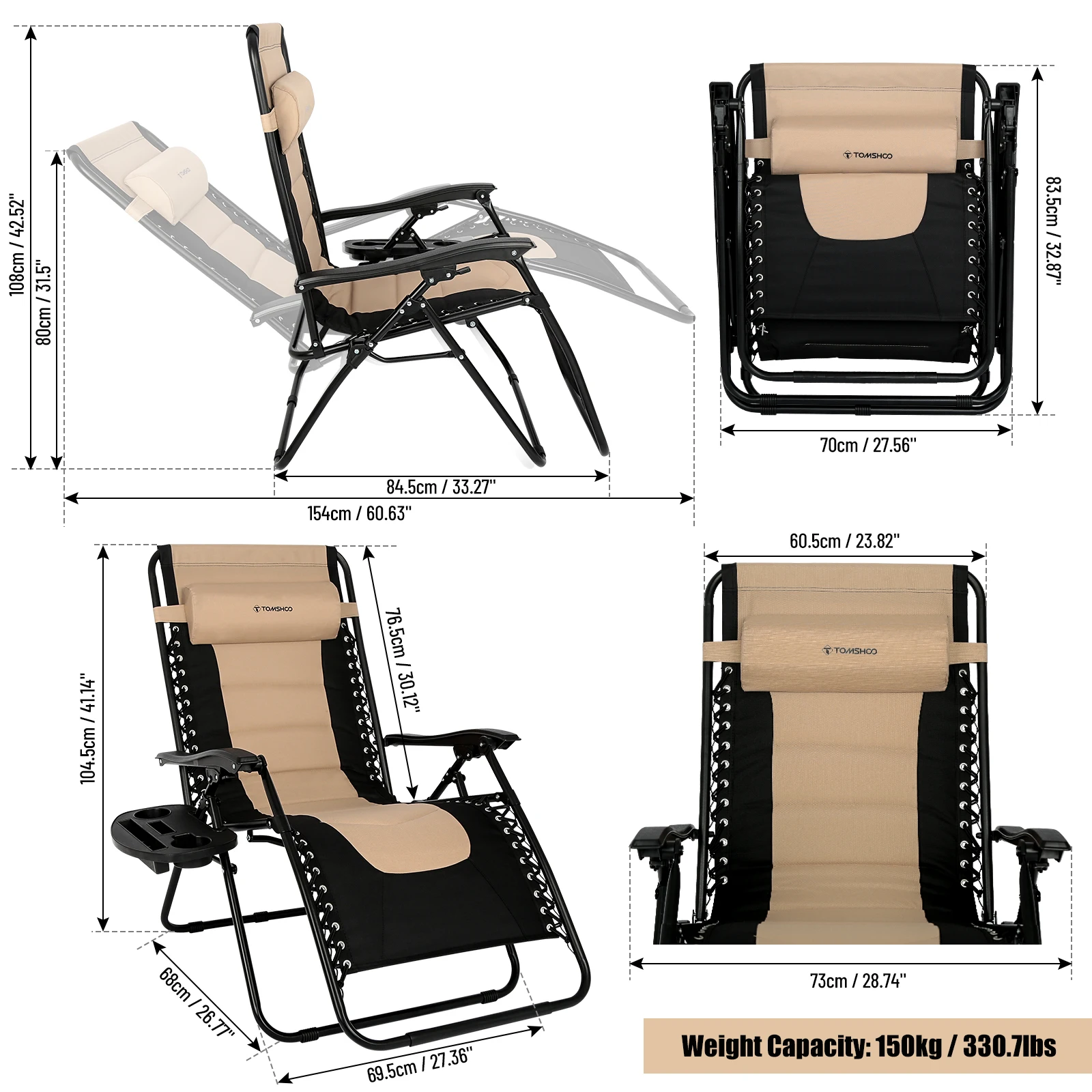 Outdoor Folding Lounge Chair Waterproof Oxford Cloth with Cotton Padded Adjustable Patio Zero Gravity Reclining Chair with Headr