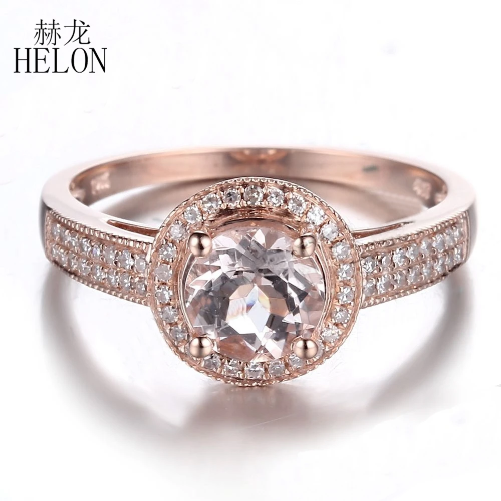 HELON Solid 14K Rose Gold Flawless Round 6.5mm Genuine Morganite Diamonds Halo Engagement Ring Women Anniversary Jewelry Gift