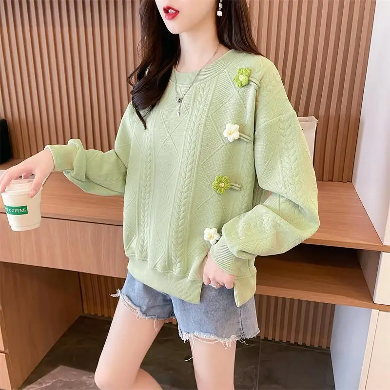 Women\'s Clothing Sweet Solid Color Pullover Flower Lantern Long Sleeve Round Neck Paisley Casual Fashion Spring Autumn Tops