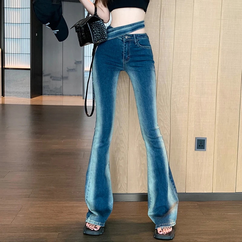 American Gradient Black Y2K Jeans Fashion New Skinny High Waist Distressed Flared Denim Pants Streetwear Girls