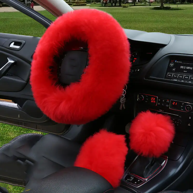 3PCS Set Real Wool Fur Soft Steering Wheel Covers Furry Long Hair Womens Winter Fashion Handle Cover Car Decoration Accessories