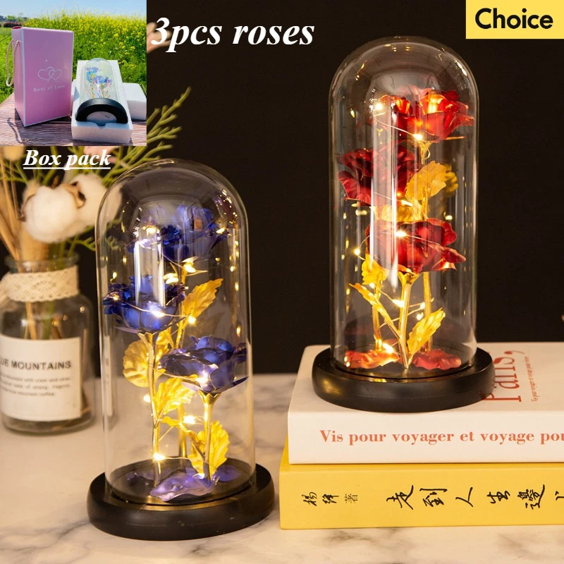 

3pcs Gold Leaf Rose Artificial Rose with LED Light Tabletop Creative Decoration Rose Immortal Flower Christmas Valentine Gift
