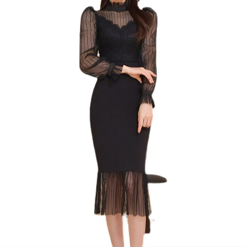 

A-Line High Waist Dresses Women Party Elegant Korean Autumn Woman Long Sleeve Spring Dress Luxury 2022 Lace Solid Color