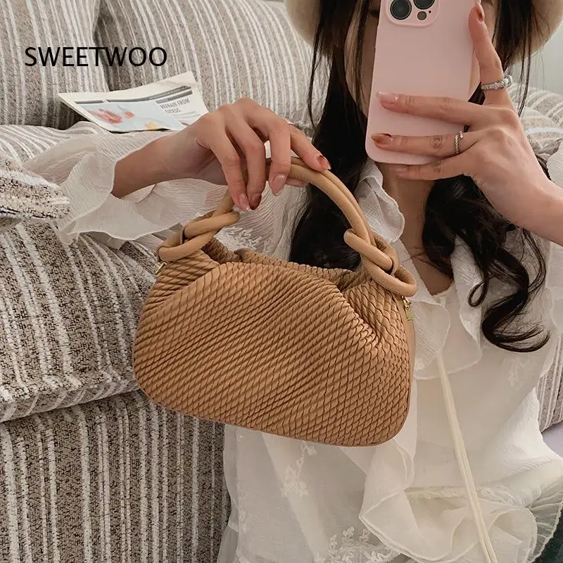 Wrinkled Pu Knot Handle Mini Hand Bag Detachable Crossbody Strap Solid Green Khaki Off White Black Coffee Summer Women Purse