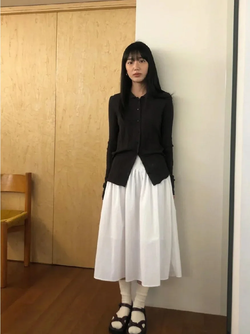   Sle عارضة فضفاضة خفيفة الوزن مطوي f تنورة عالية الخصر ألف خط ميدي تنورة Ele الصيف Faion المرأة الدكتور