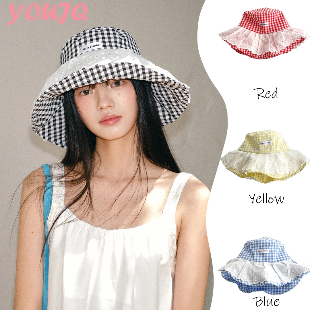 

Sweet Lace Plaid Bucket Hats for Women Summer Outdoor Travel Breathable Vacation UV Protection Sun Protection Thin Sun Hat Chic