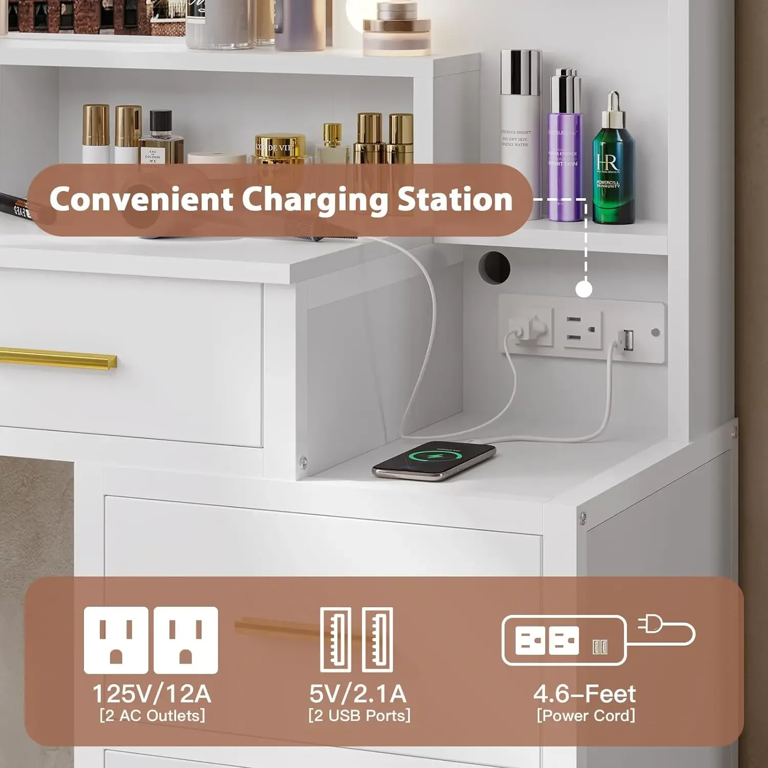 Makeup Vanity with Lights, Vanity Desk with Charging Station, White Vanity Table with 10 Light Bulbs Mirror & 3 Lighting Modes image 2