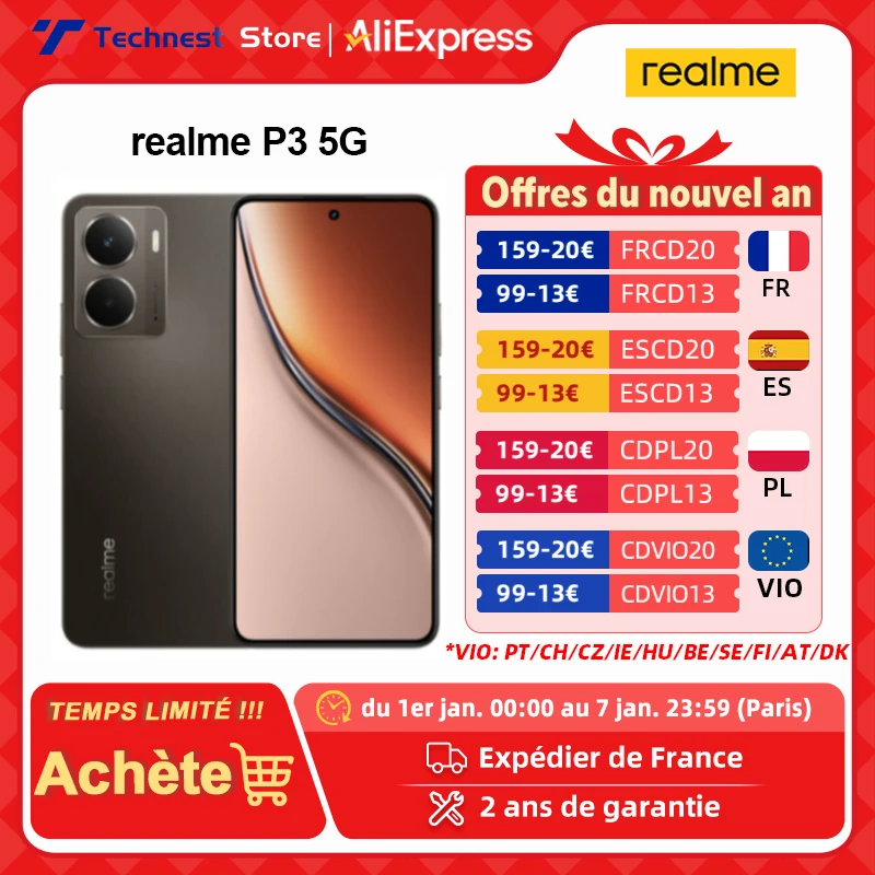 Version globale realme P3 5G smartphone Snapdragon 6 Gen 4 5G Chipset Ecran 6,67 pouces Batterie 5260mAh Chargement 45W Caméra AI 50MP