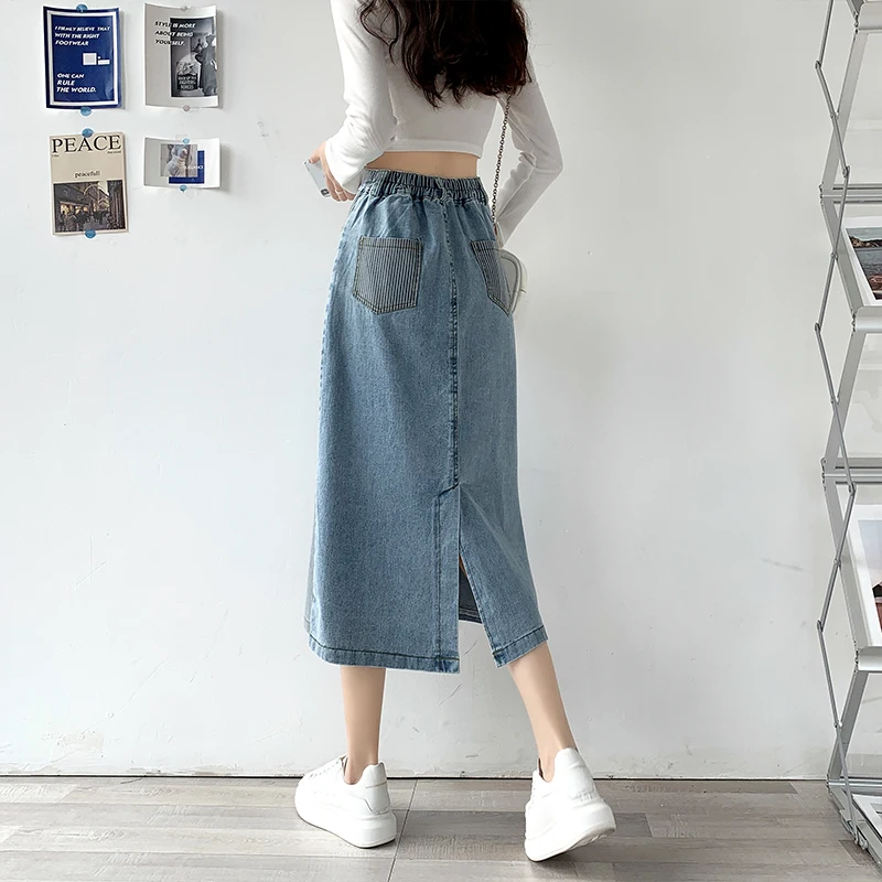 Spring Summer 2024 Denim Skirts For Women High Elastic Waist Striped A Line Long Skirt Back Slit Streetwear Jean Skirts Hot Sale