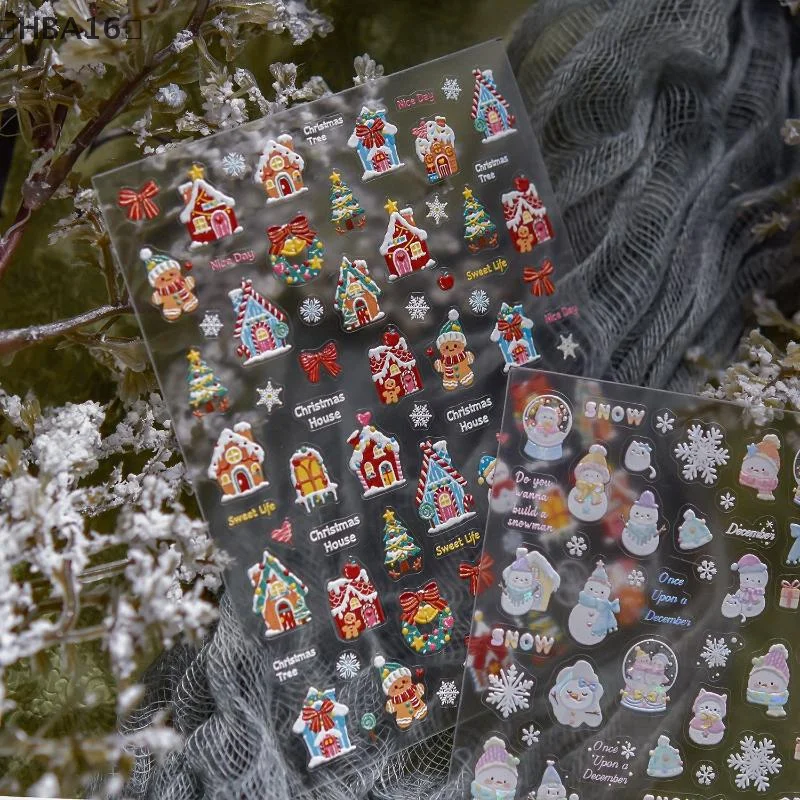 〔HBA16〕크리스마스 릴리프 네일 아트 스티커 겨울 판타지 어린이 네일 스티커 작은 눈사람/집 장식 스티커
