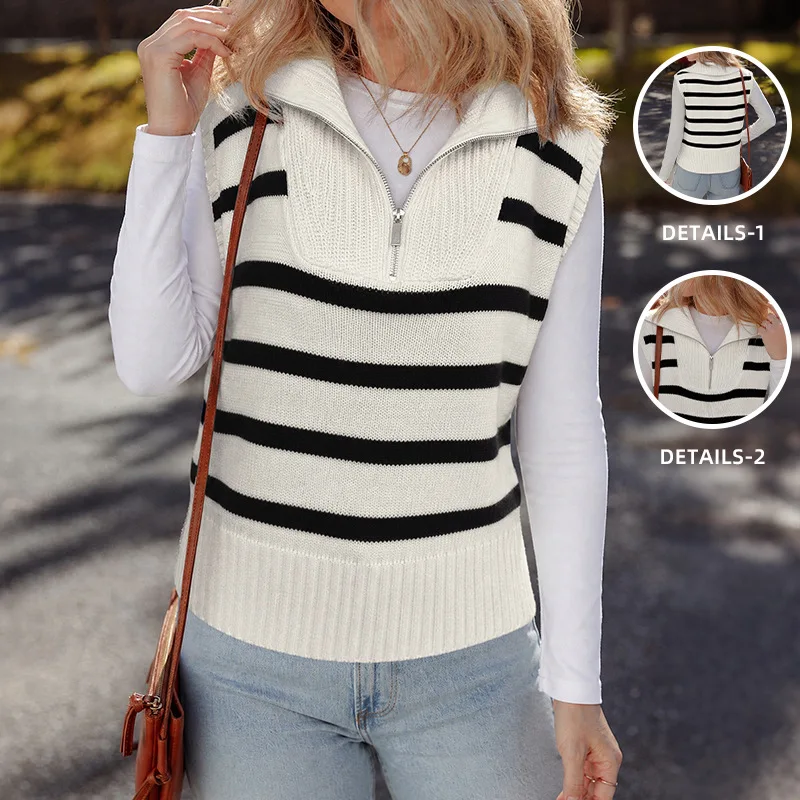 Casual Stripe Sweater Vest For Women Fashion Lapel Sweet Pullover Knit Sweater Top Sleeveless Casual Vintage Women Pullover