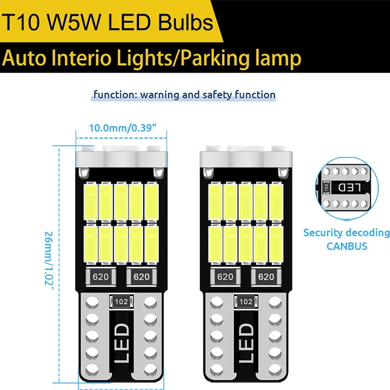 10PCS T10 W5W LED Bulbs 4014 26SMD Canbus 168 194 Signal Lamp White For Car Interior Parking Position Light Map Dome Light image 4