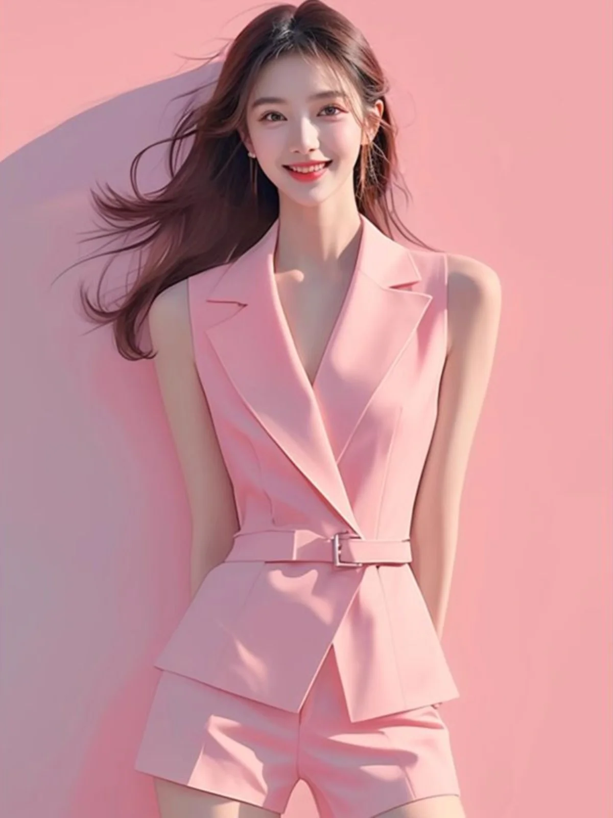 

Pink Suit Vest And Shorts Set High Waist Short Pants Two-Piece Set Elegant Korean Drama Female Lead Character Workwear Style