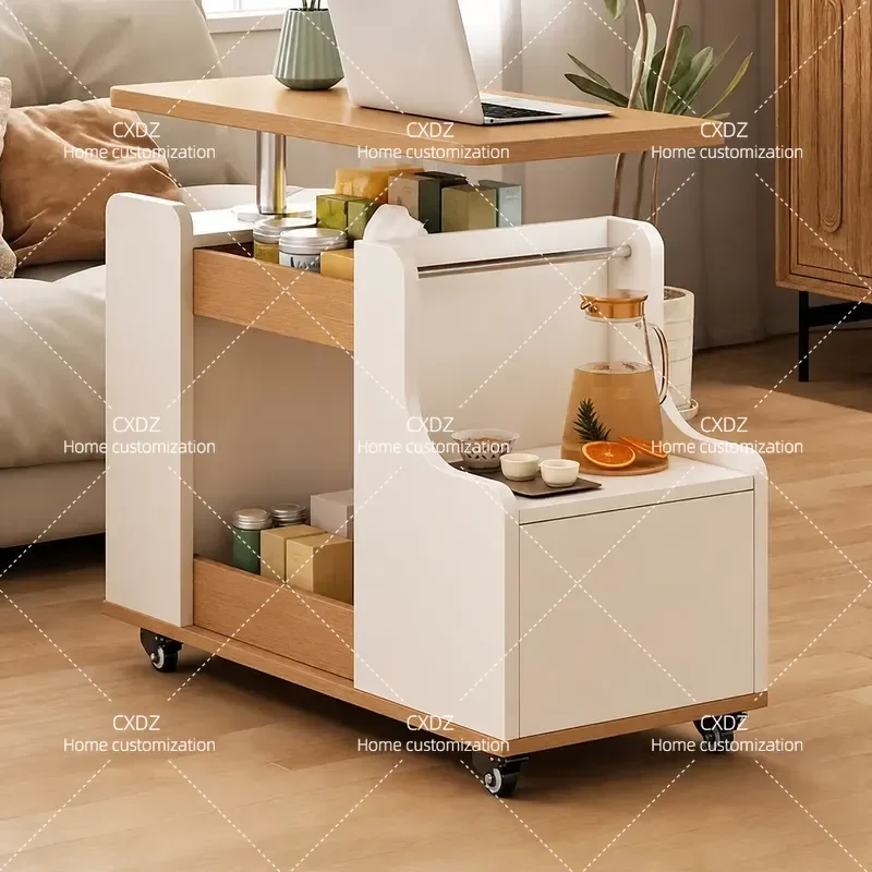 Movable Side Table for Sofa Living Room Household Tea Table Multi-functional Cart Liftable with Side Storage
