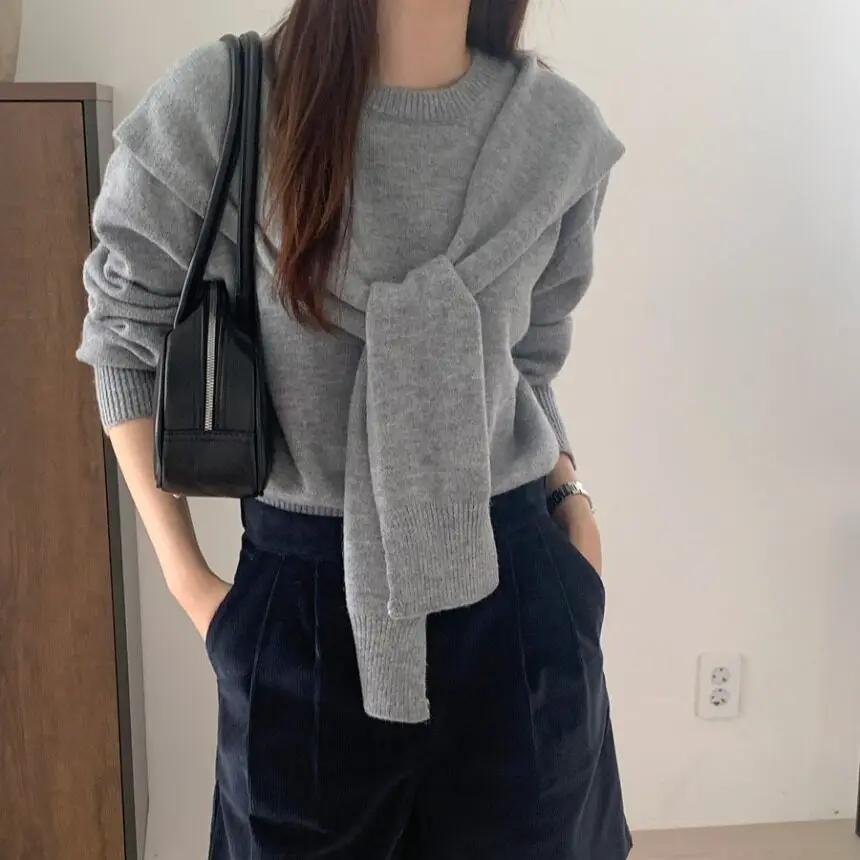 

Simple round Ne Long Sve Sweater awl Two-Piece Set Dongda Gate Women's Faion Vintage Sle Polyester Knitted Wear