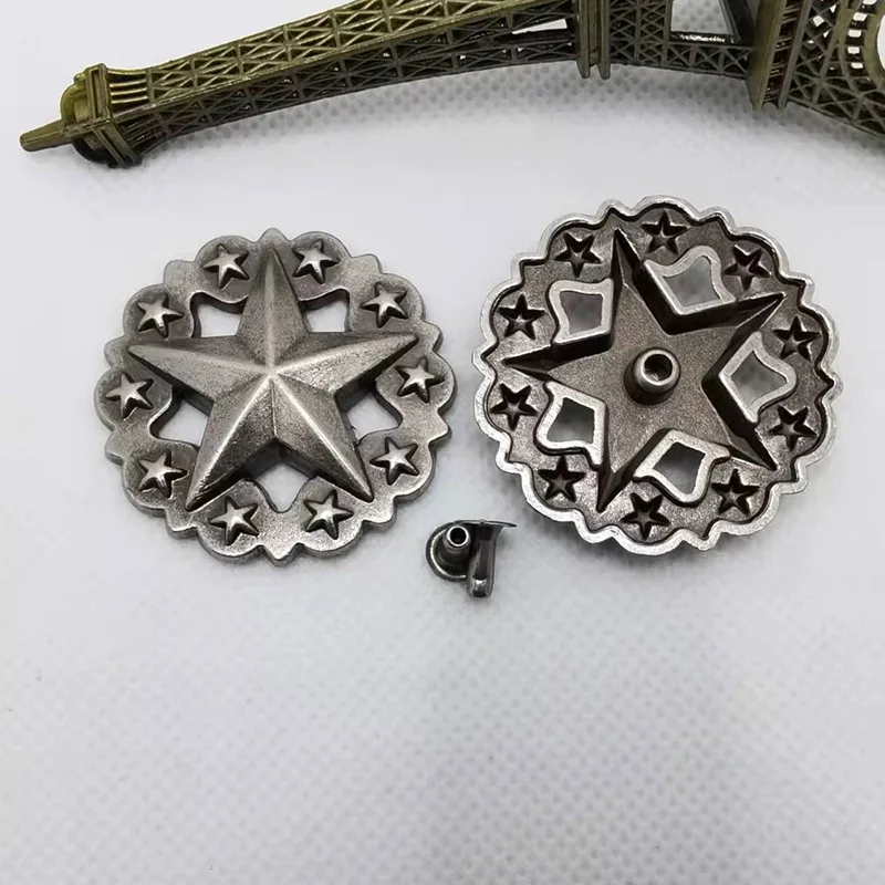 5pcs 36*36mm Punk Vintage Silver Western Texas Star Stud Rivet Leathercraft Saddle Conchos For Leather Rivet Back