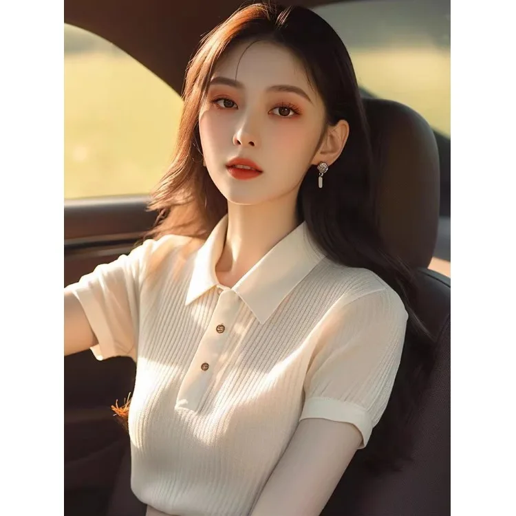 럭셔리 니트 아이스 실크 티셔츠 여성 슬림핏 여름 얇은 티셔츠 남유 빅 브랜드 출퇴근용 슬레 레귤러...