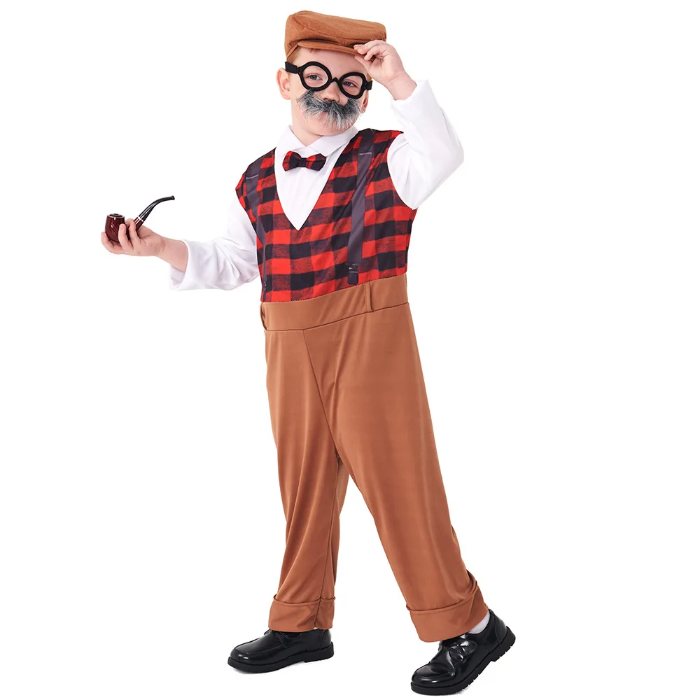 Costume de vieil homme cosplay d'Halloween pour enfants, accessoires de costume de grand-père du 100e jour d'école, chapeau, lunettes, barbe, gangster