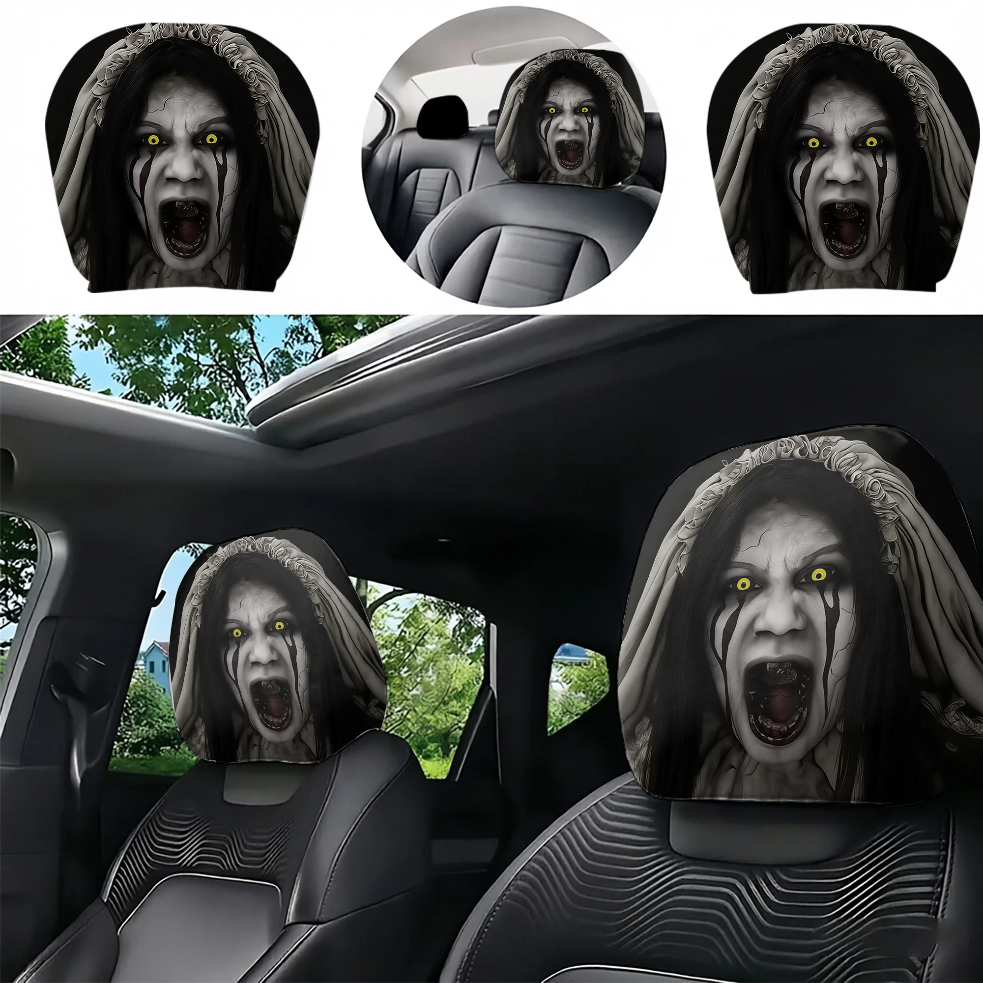 2pcs Horror-Themed Car Headrest Covers featuring a spooky ghost bride design to add a spine-chilling atmosphere. Filling not inc