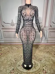 PerformanceCostumePartyDress Rhinestone Long Dress Perspective Stage Women Sexy Black Long Sleeve Half High Neck Mesh