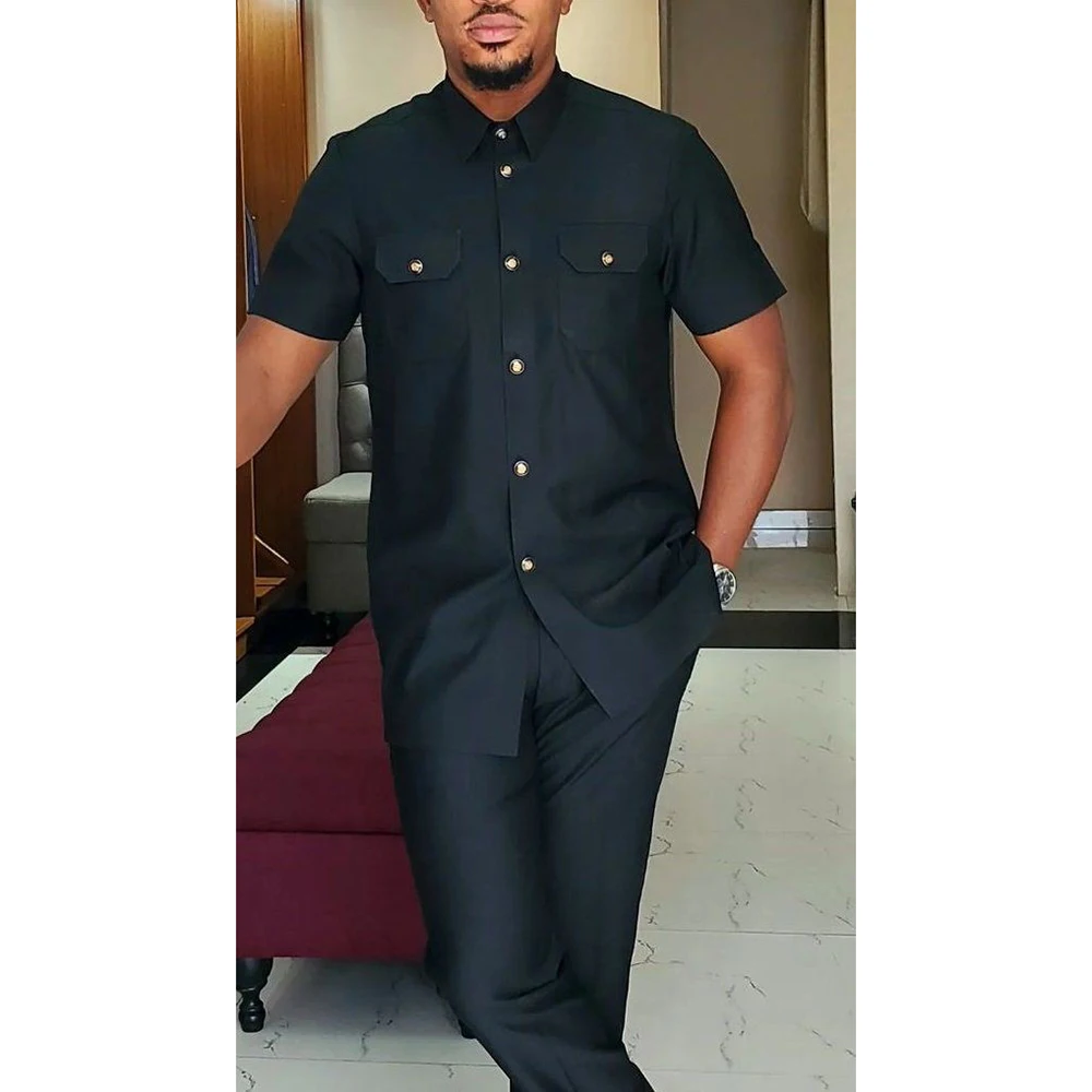 

Customzied Navy Blue Men's Suits Outfits Luxury Short Sleeve Stand Lapel Blazer Formal 2 Piece Jacket Pants Male Clothing Terno