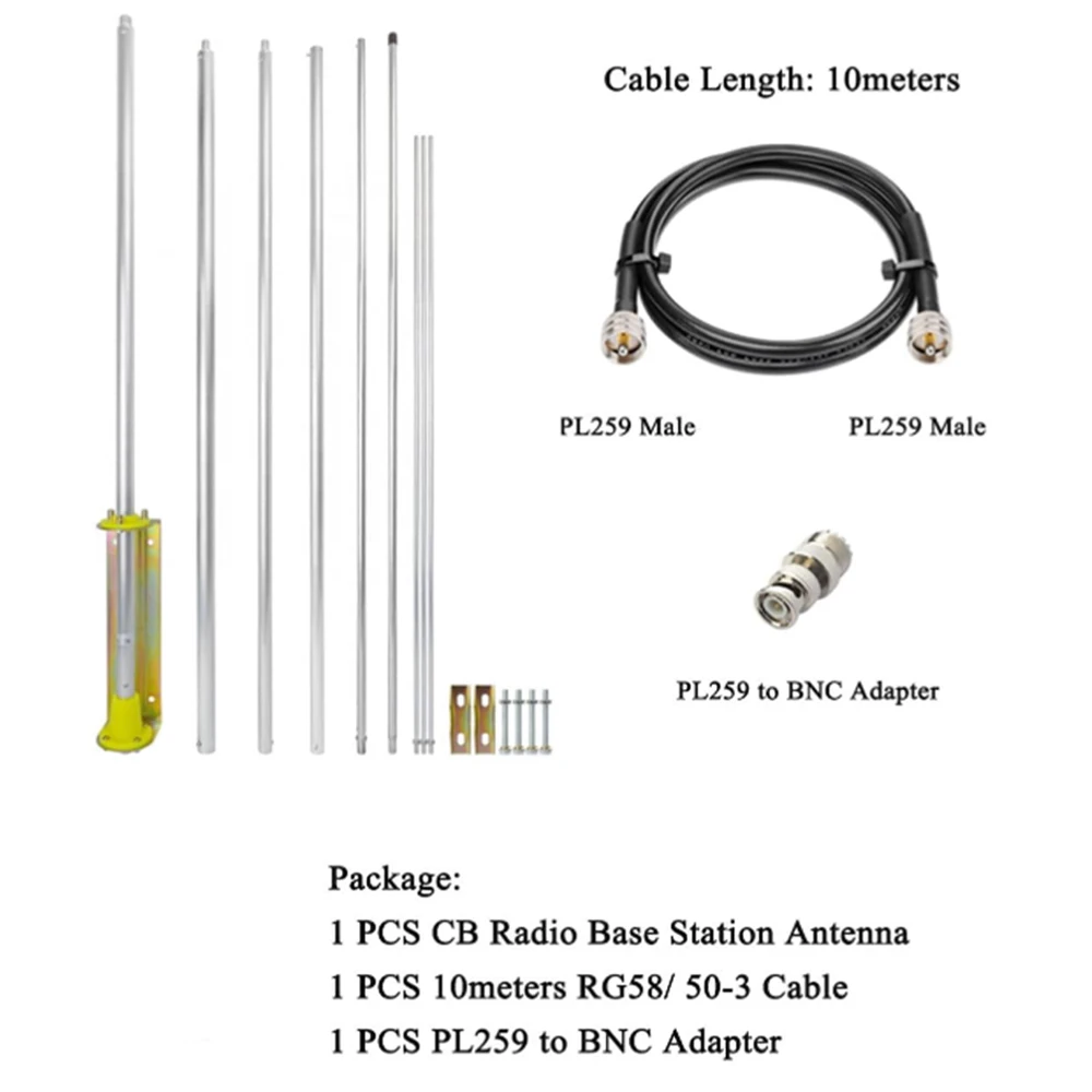 CB Radio Base Antennas Omnidirectional 27MHz CB Antenna Kit with 10meter Cable PL-259 BNC Mount Accessories Support CB Ham Radio